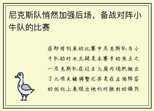 尼克斯队悄然加强后场，备战对阵小牛队的比赛